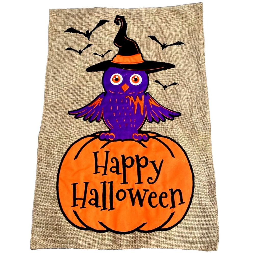 Owl Witch Jute Burlap Wall Hanging Banner Happy Halloween Sign Flag Pumpkin Bats
